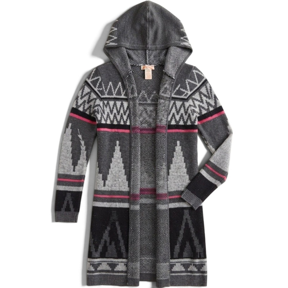No Boundaries Womens Gray Pink Southwestern Hooded Open Front Cardigan M 7-9